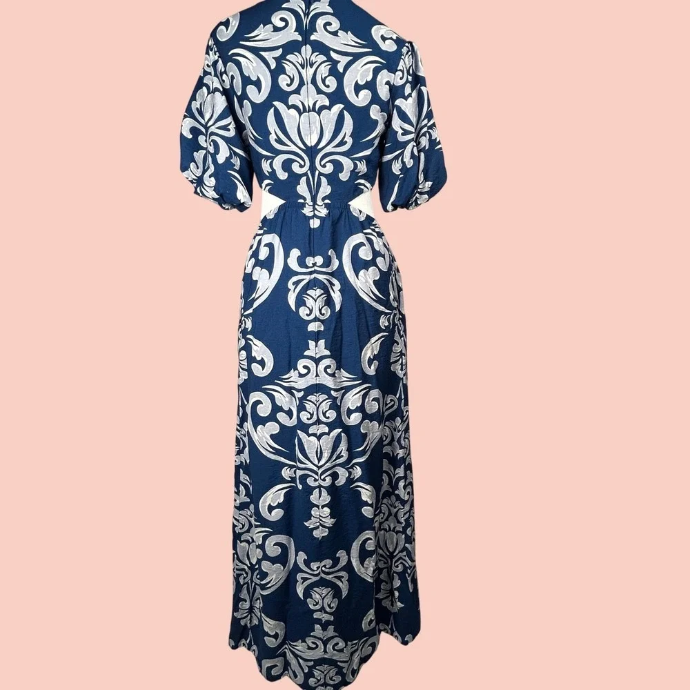 Abercrombie & Fitch Dress XS Blue Waist Cutout Damask Puff Sleeve Maxi Midi Boho